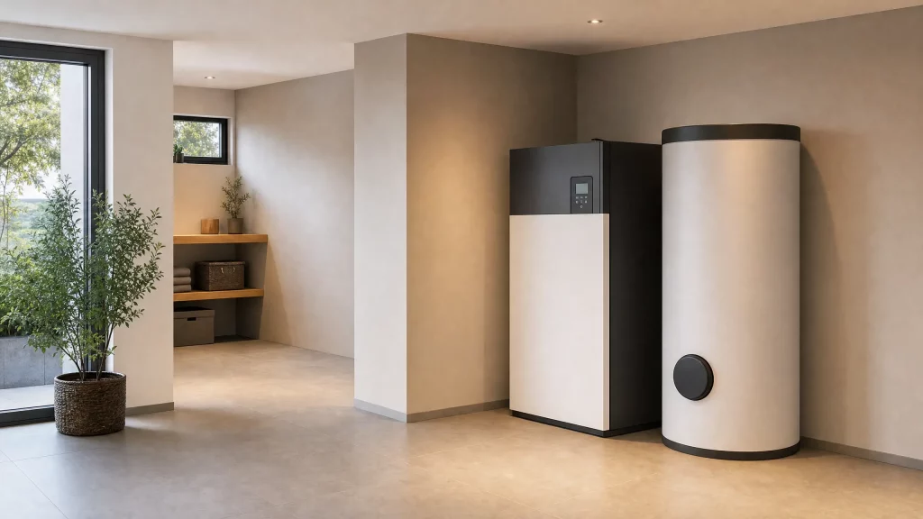 Moderner Hauswirtschaftsraum mit Heizungsanlage, Pufferspeicher und sauber installierter Haustechnik